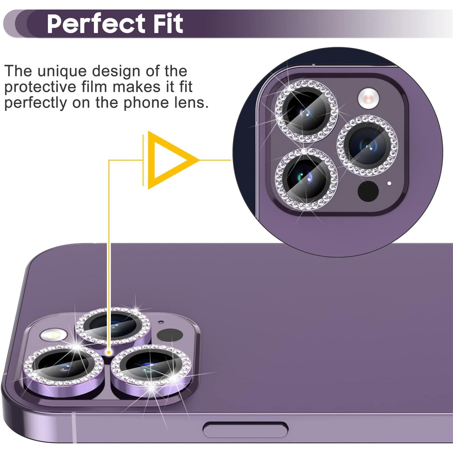 For iPhone 14 Pro / 14 Pro Max 1 Set Camera Lens Film Tempered Glass+Metal Ring Rhinestone Lens Protector