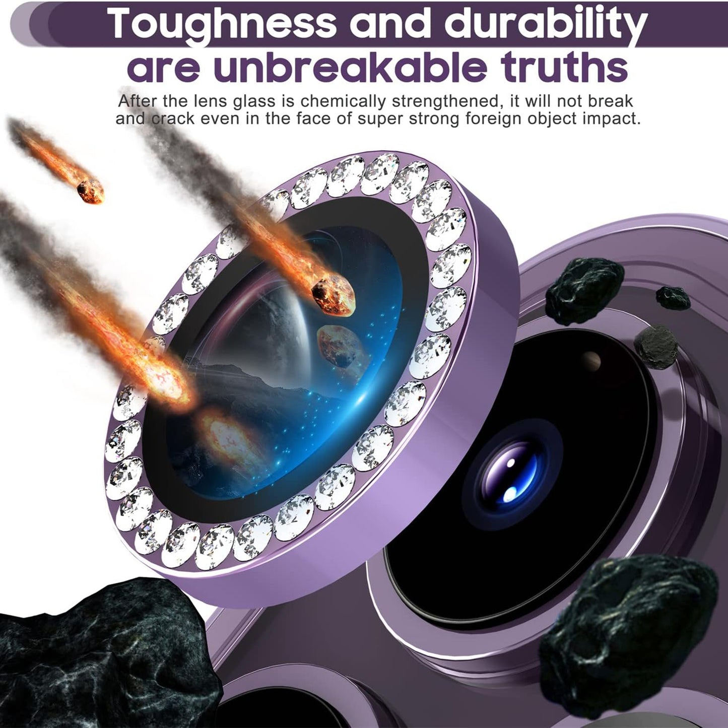For iPhone 14 Pro / 14 Pro Max 1 Set Camera Lens Film Tempered Glass+Metal Ring Rhinestone Lens Protector