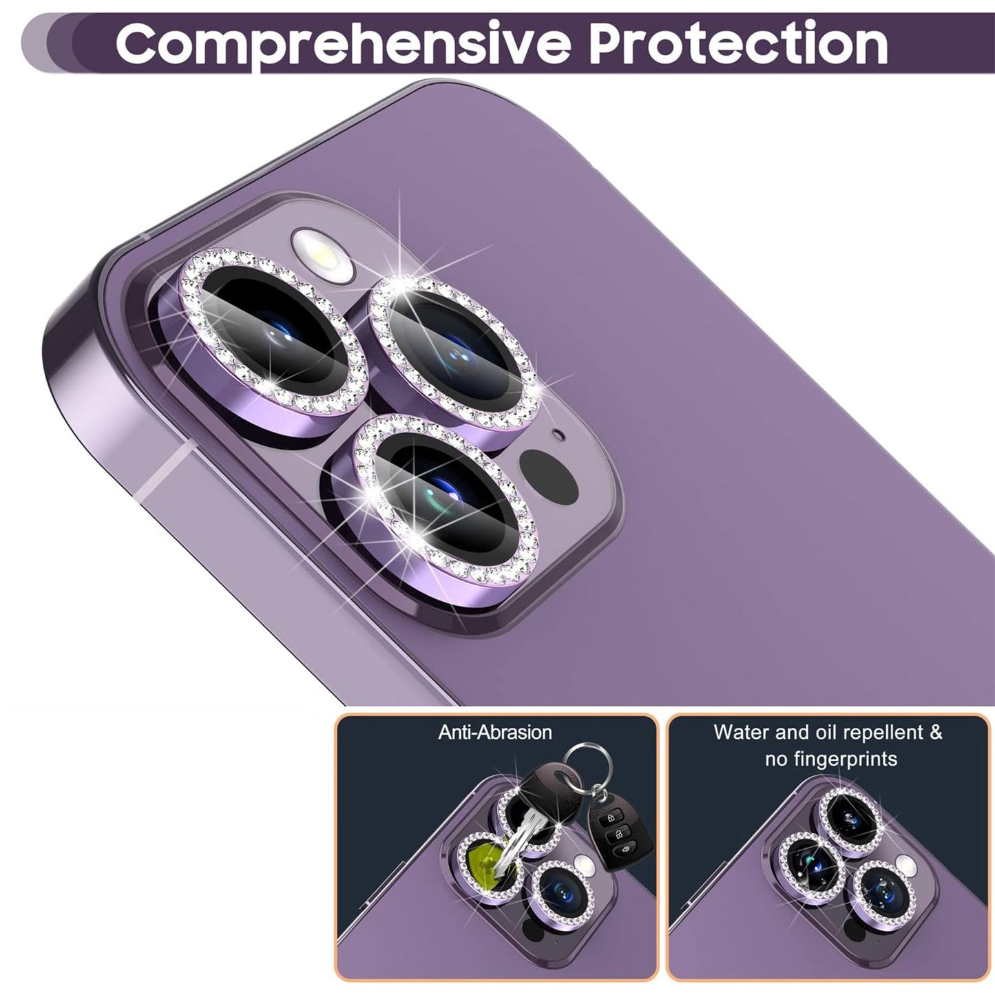 For iPhone 14 Pro / 14 Pro Max 1 Set Camera Lens Film Tempered Glass+Metal Ring Rhinestone Lens Protector