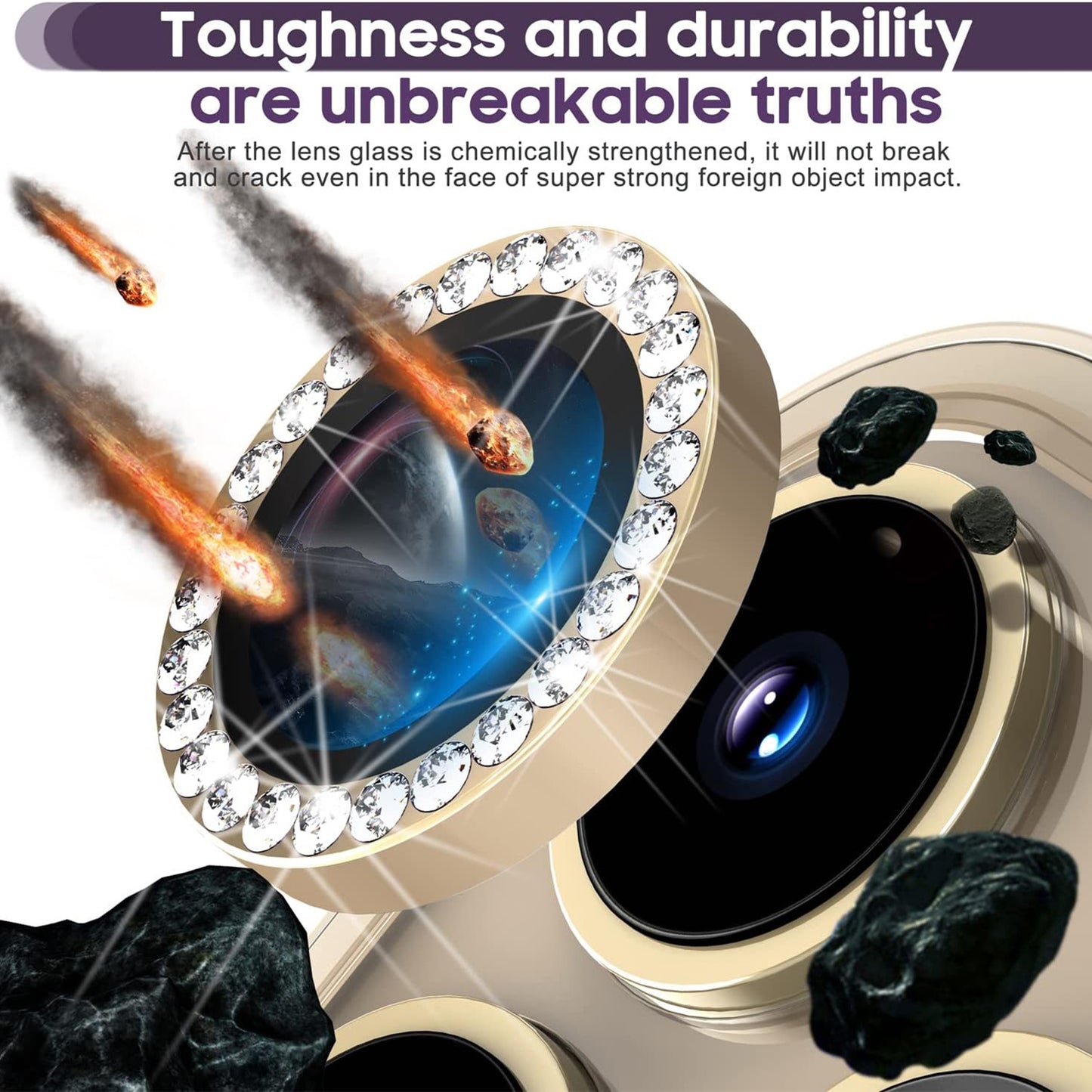 For iPhone 14 Pro / 14 Pro Max 1 Set Camera Lens Film Tempered Glass+Metal Ring Rhinestone Lens Protector