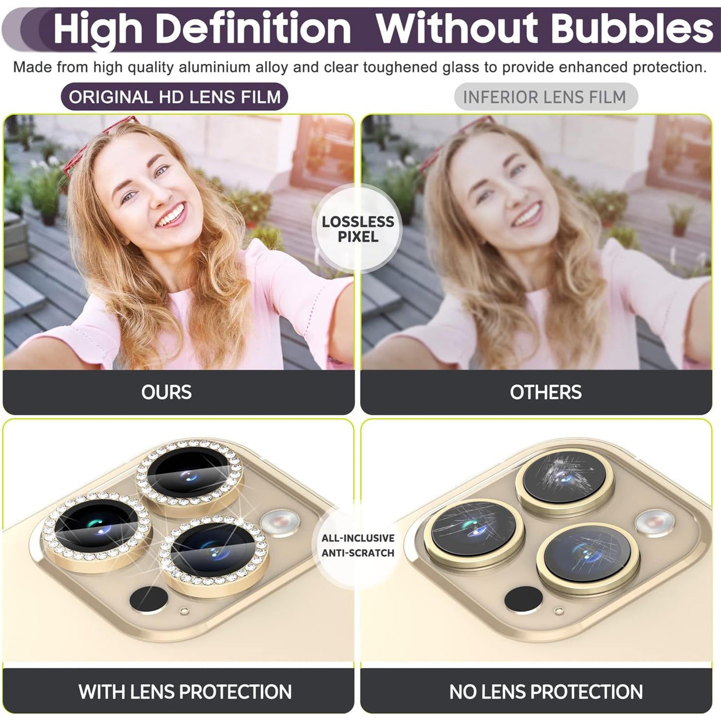 For iPhone 14 Pro / 14 Pro Max 1 Set Camera Lens Film Tempered Glass+Metal Ring Rhinestone Lens Protector