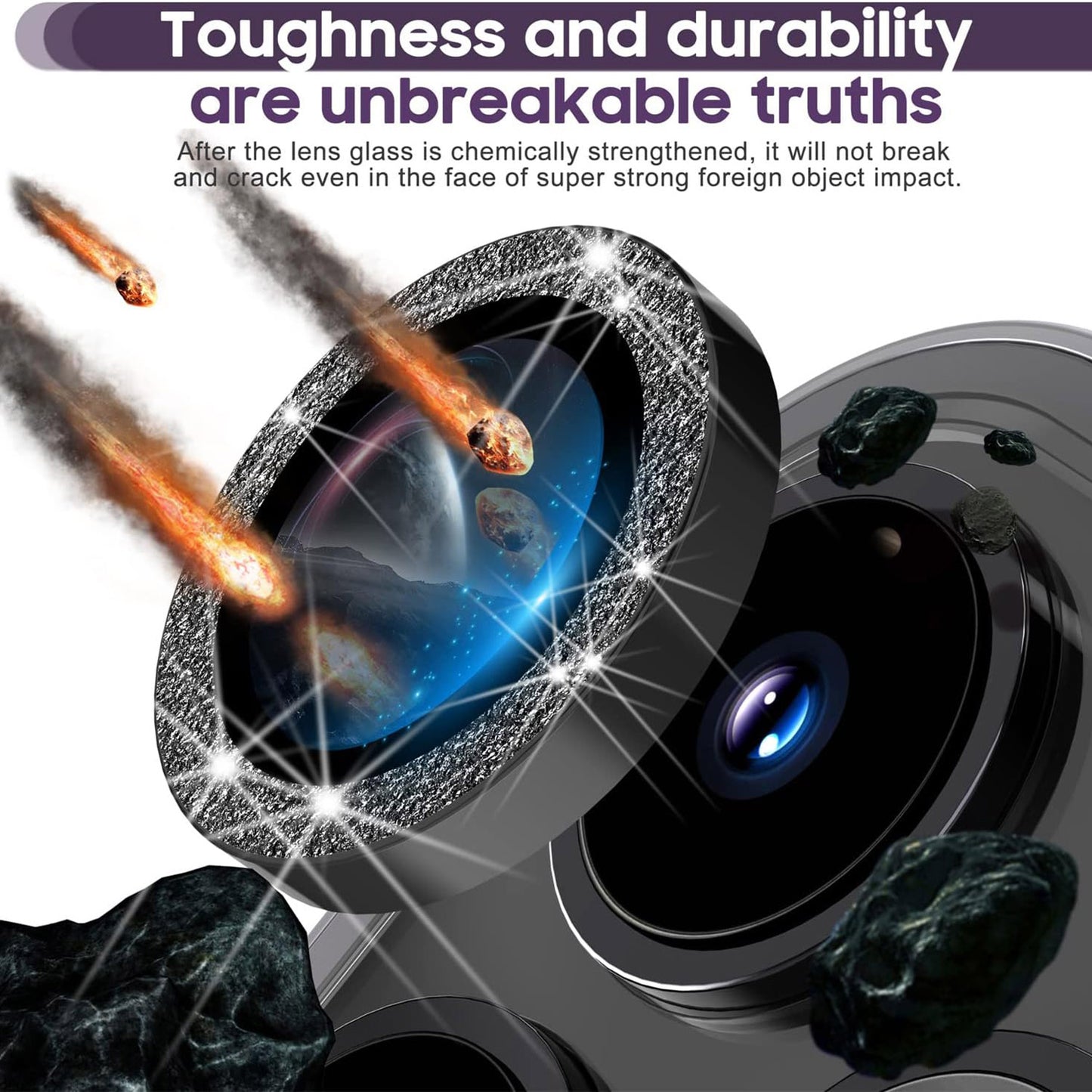 For iPhone 14 Pro / 14 Pro Max 1 Set Camera Lens Protector Metal Ring+Tempered Glass Glitter Rear Lens Film
