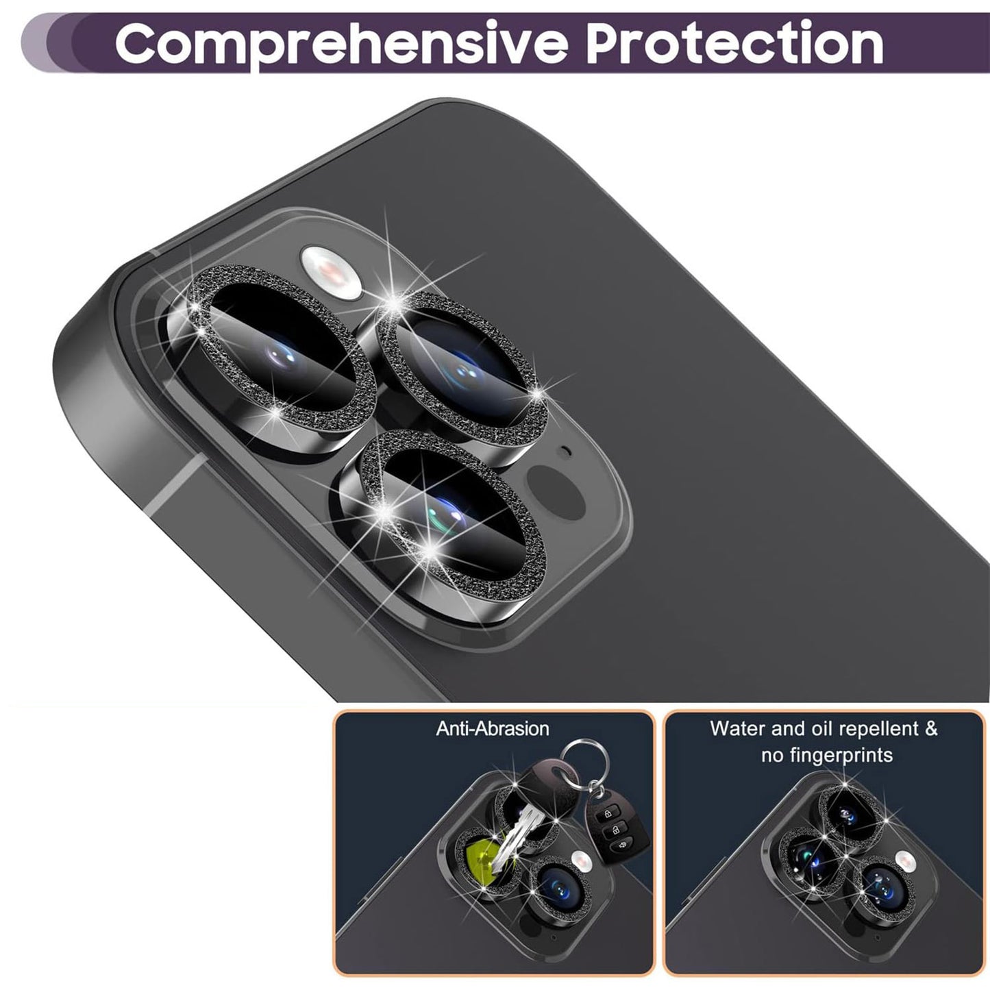 For iPhone 14 Pro / 14 Pro Max 1 Set Camera Lens Protector Metal Ring+Tempered Glass Glitter Rear Lens Film