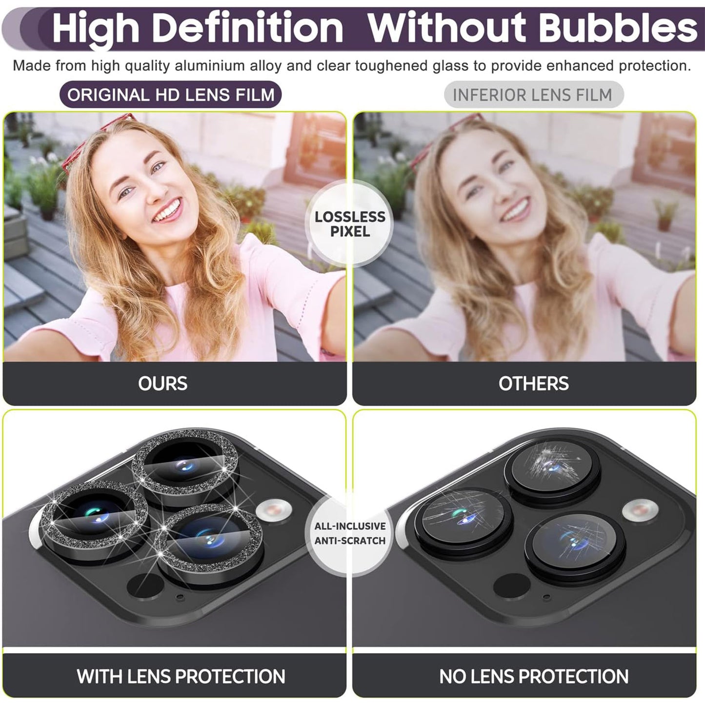 For iPhone 14 Pro / 14 Pro Max 1 Set Camera Lens Protector Metal Ring+Tempered Glass Glitter Rear Lens Film