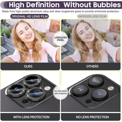 For iPhone 14 Pro / 14 Pro Max 1 Set Camera Lens Protector Metal Ring+Tempered Glass Glitter Rear Lens Film