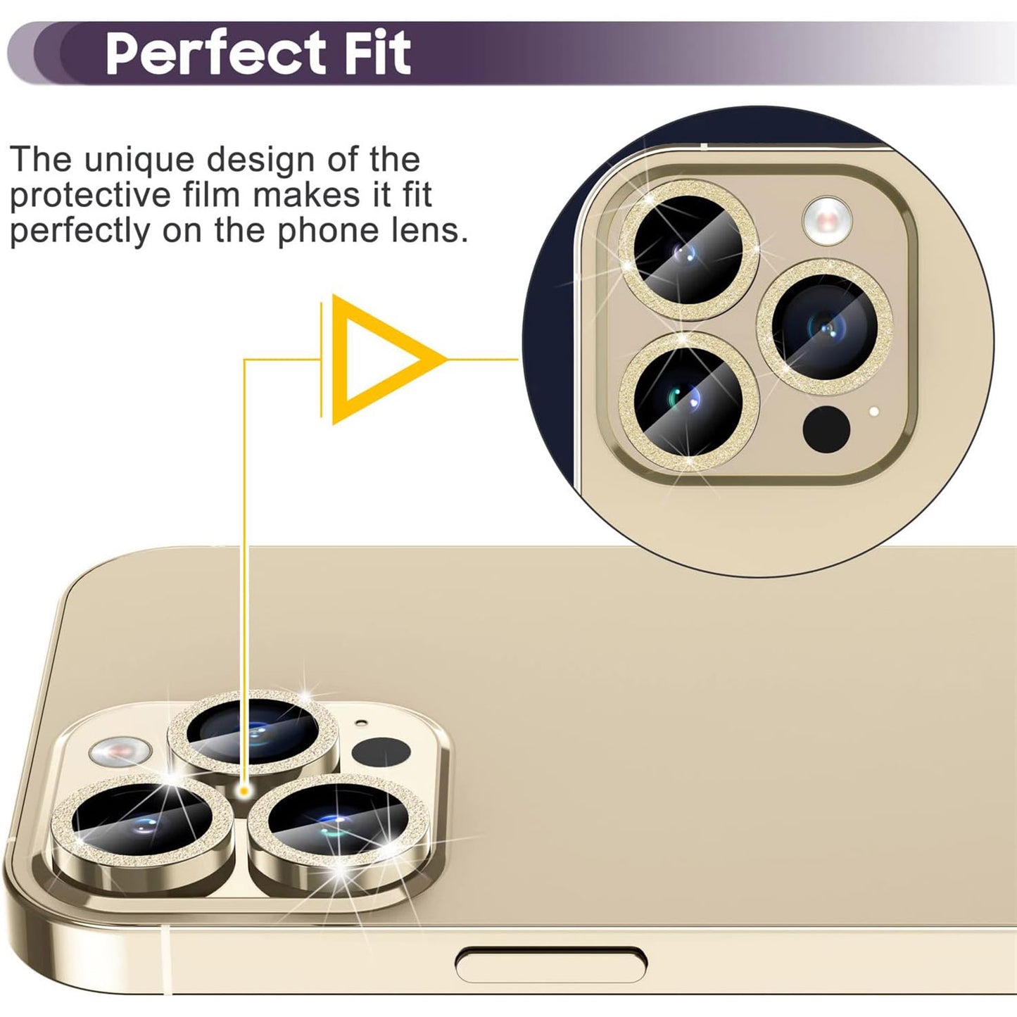 For iPhone 14 Pro / 14 Pro Max 1 Set Camera Lens Protector Metal Ring+Tempered Glass Glitter Rear Lens Film