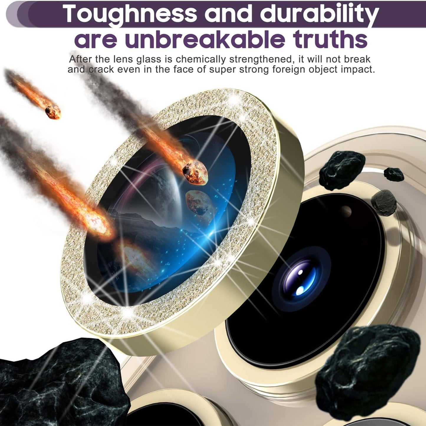 For iPhone 14 Pro / 14 Pro Max 1 Set Camera Lens Protector Metal Ring+Tempered Glass Glitter Rear Lens Film