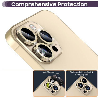 For iPhone 14 Pro / 14 Pro Max 1 Set Camera Lens Protector Metal Ring+Tempered Glass Glitter Rear Lens Film