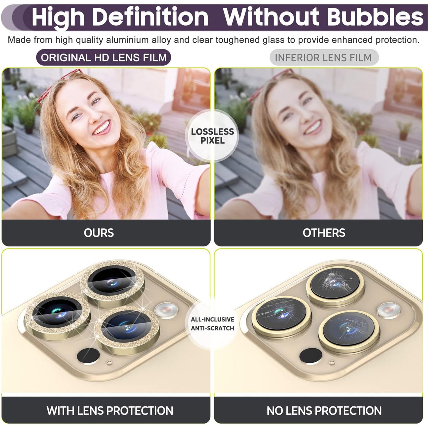 For iPhone 14 Pro / 14 Pro Max 1 Set Camera Lens Protector Metal Ring+Tempered Glass Glitter Rear Lens Film