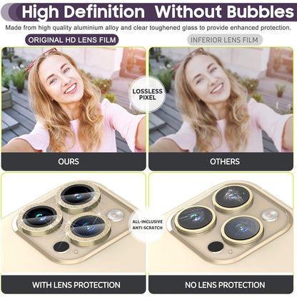 For iPhone 14 Pro / 14 Pro Max 1 Set Camera Lens Protector Metal Ring+Tempered Glass Glitter Rear Lens Film