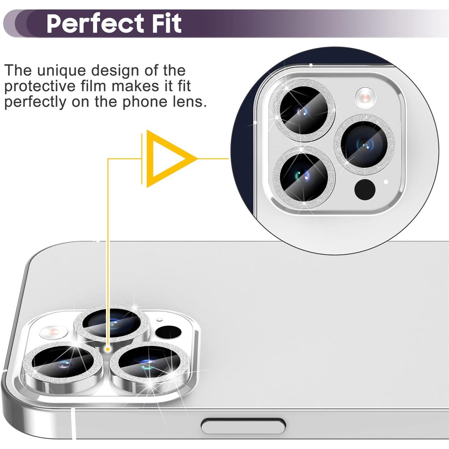 For iPhone 14 Pro / 14 Pro Max 1 Set Camera Lens Protector Metal Ring+Tempered Glass Glitter Rear Lens Film