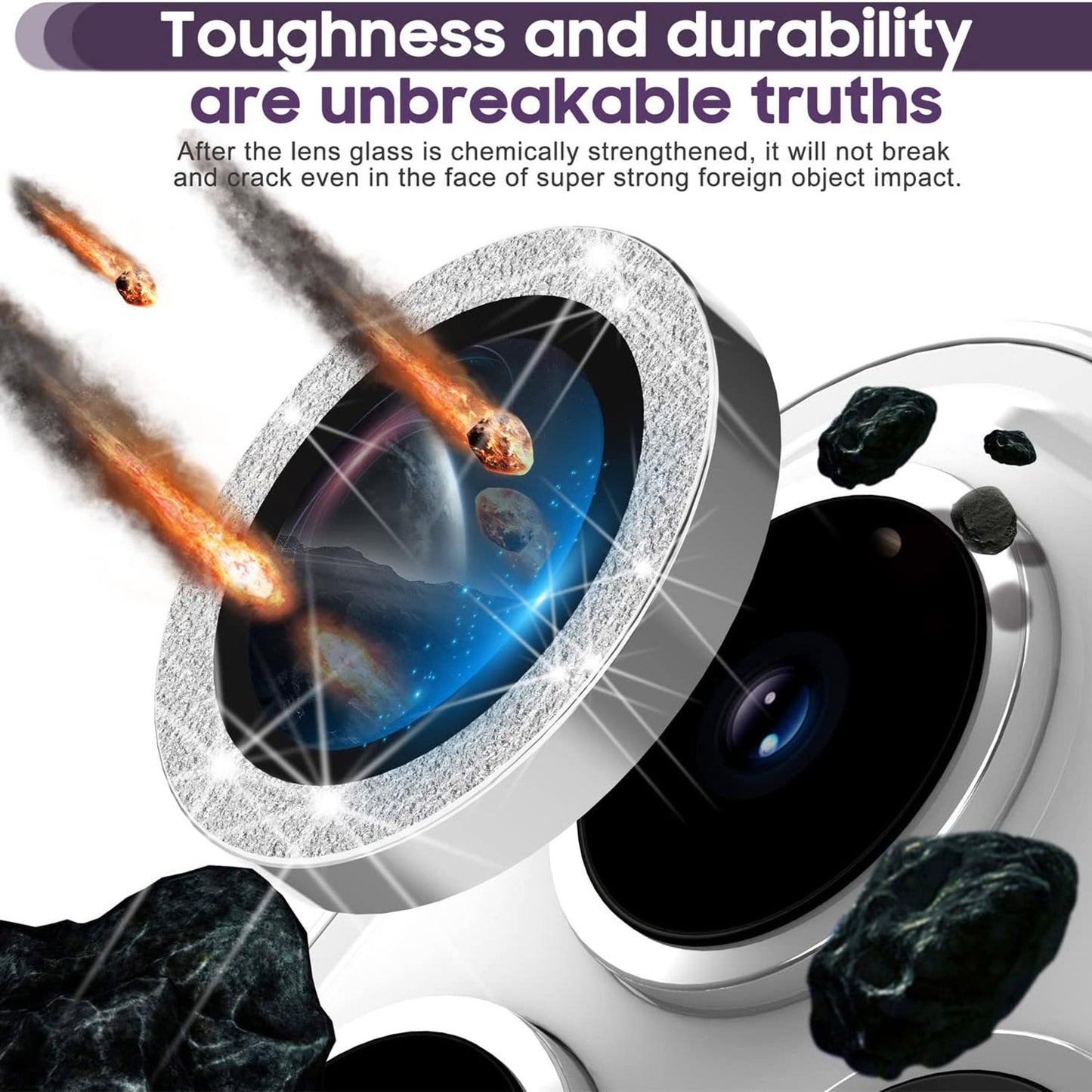 For iPhone 14 Pro / 14 Pro Max 1 Set Camera Lens Protector Metal Ring+Tempered Glass Glitter Rear Lens Film