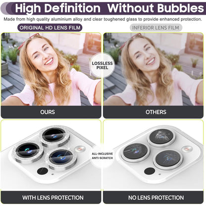 For iPhone 14 Pro / 14 Pro Max 1 Set Camera Lens Protector Metal Ring+Tempered Glass Glitter Rear Lens Film