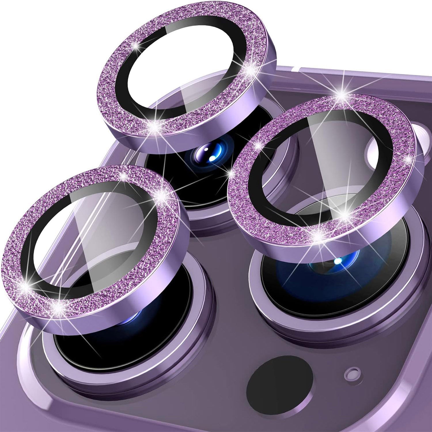 For iPhone 14 Pro / 14 Pro Max 1 Set Camera Lens Protector Metal Ring+Tempered Glass Glitter Rear Lens Film