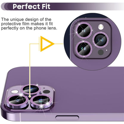 For iPhone 14 Pro / 14 Pro Max 1 Set Camera Lens Protector Metal Ring+Tempered Glass Glitter Rear Lens Film