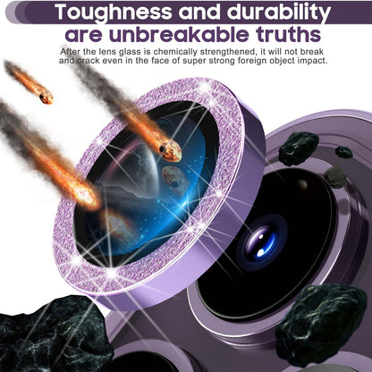 For iPhone 14 Pro / 14 Pro Max 1 Set Camera Lens Protector Metal Ring+Tempered Glass Glitter Rear Lens Film