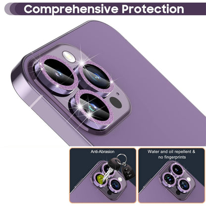 For iPhone 14 Pro / 14 Pro Max 1 Set Camera Lens Protector Metal Ring+Tempered Glass Glitter Rear Lens Film
