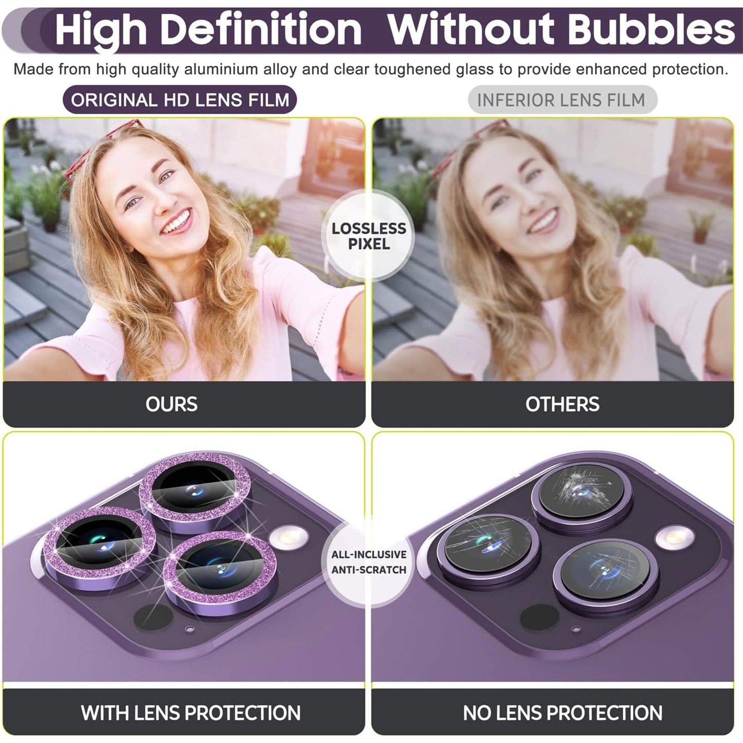 For iPhone 14 Pro / 14 Pro Max 1 Set Camera Lens Protector Metal Ring+Tempered Glass Glitter Rear Lens Film