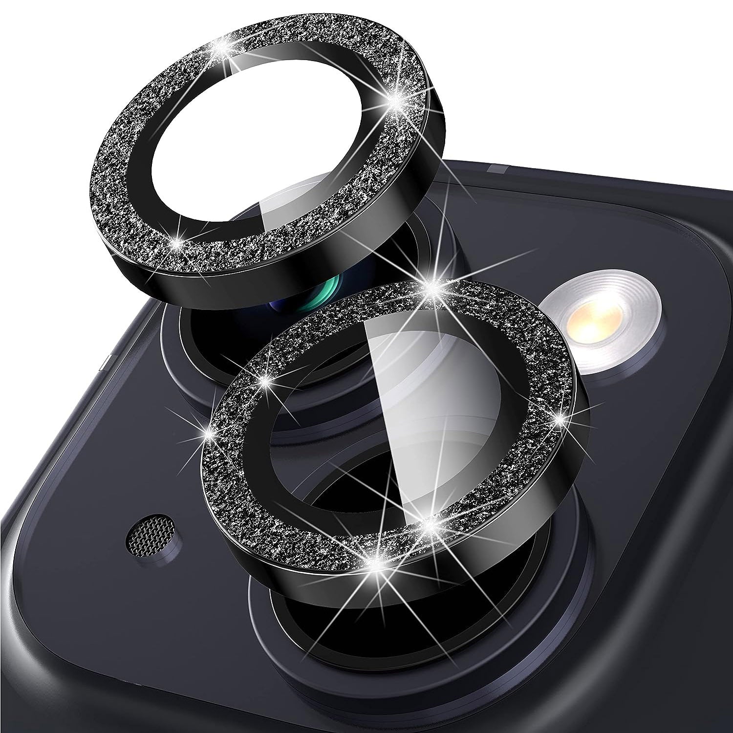 For iPhone 14 / 14 Plus 1 Set Glitter Camera Lens Film Metal Ring+Tempered Glass Phone Lens Protector