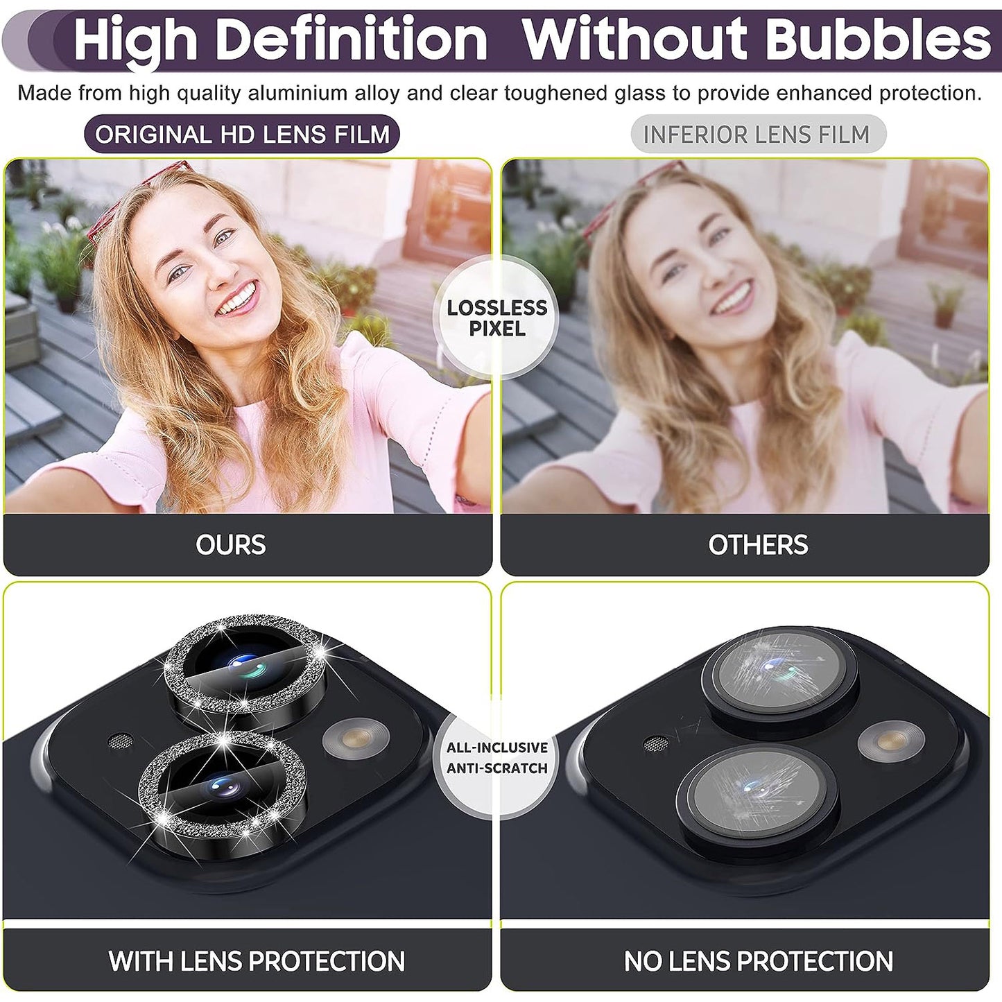For iPhone 14 / 14 Plus 1 Set Glitter Camera Lens Film Metal Ring+Tempered Glass Phone Lens Protector