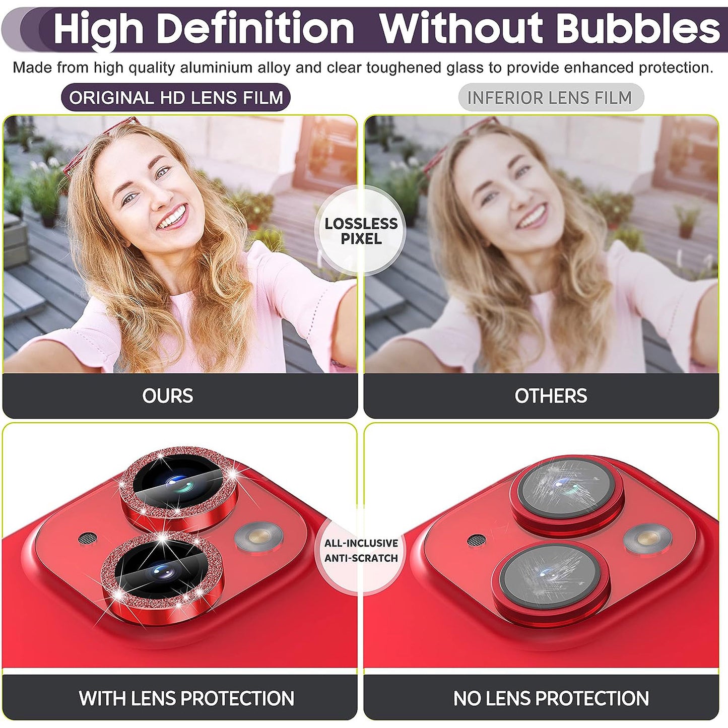 For iPhone 14 / 14 Plus 1 Set Glitter Camera Lens Film Metal Ring+Tempered Glass Phone Lens Protector