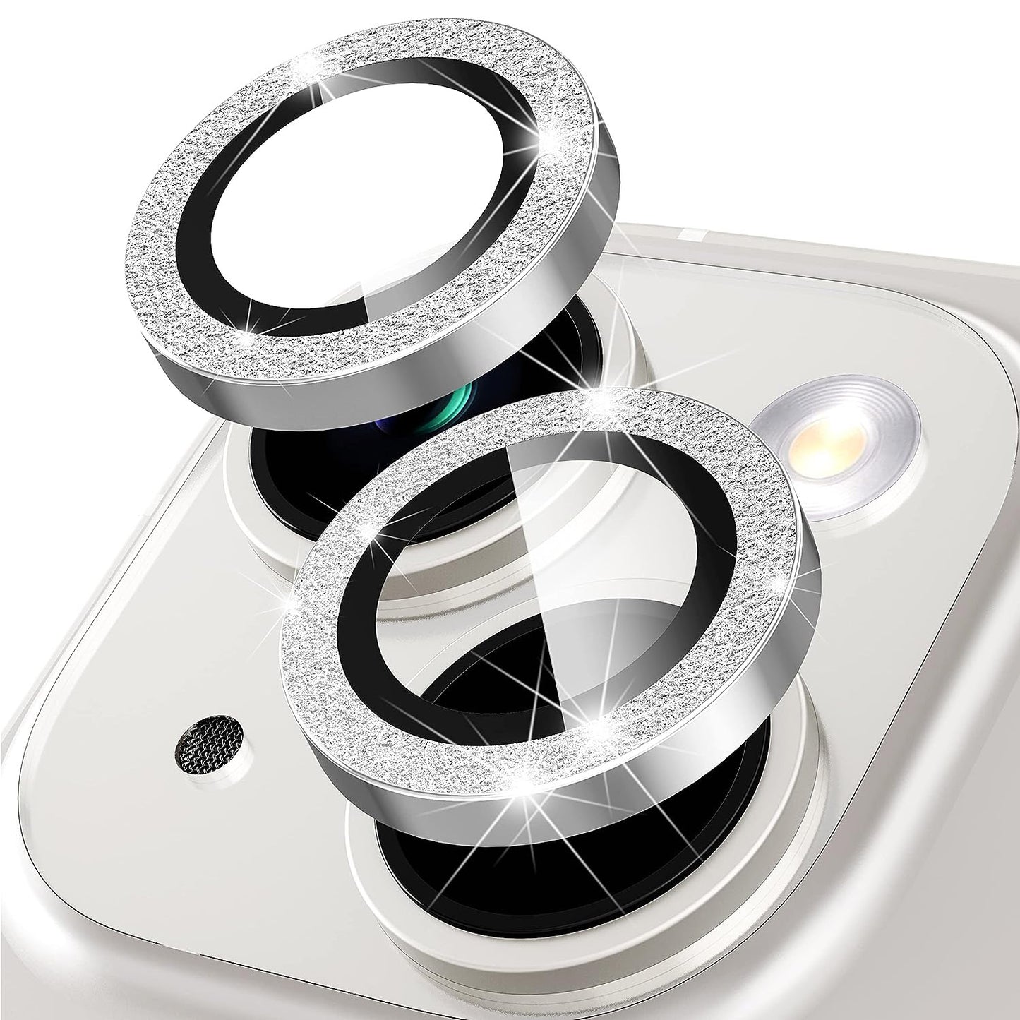 For iPhone 14 / 14 Plus 1 Set Glitter Camera Lens Film Metal Ring+Tempered Glass Phone Lens Protector