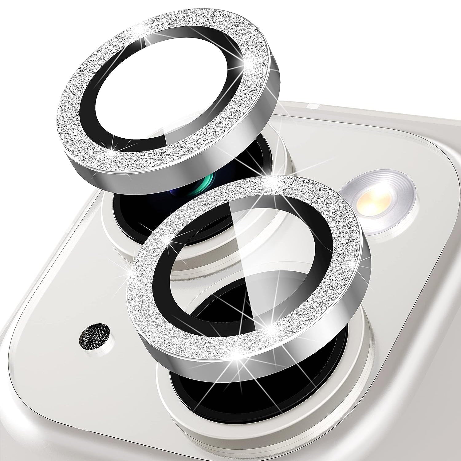 For iPhone 14 / 14 Plus 1 Set Glitter Camera Lens Film Metal Ring+Tempered Glass Phone Lens Protector