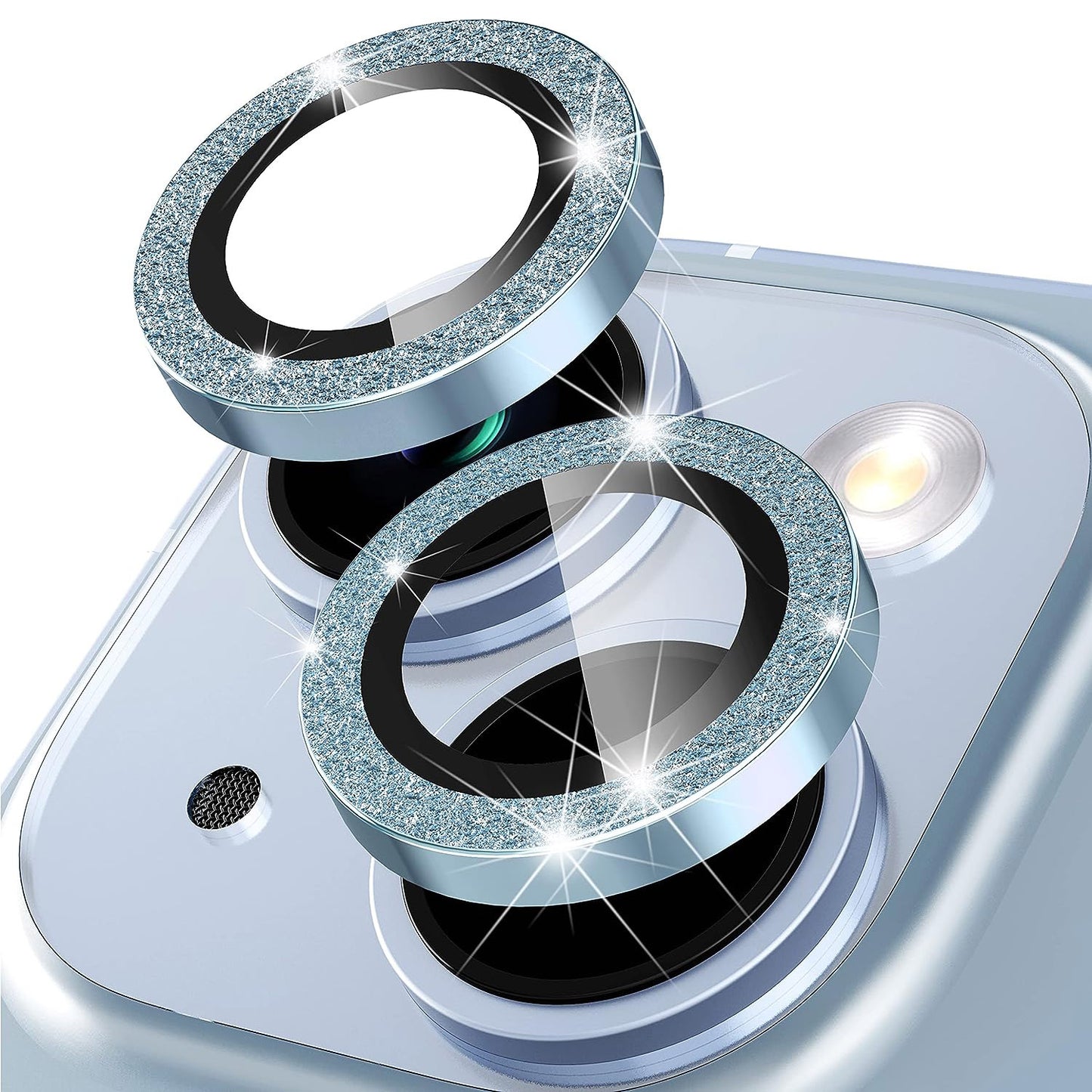 For iPhone 14 / 14 Plus 1 Set Glitter Camera Lens Film Metal Ring+Tempered Glass Phone Lens Protector