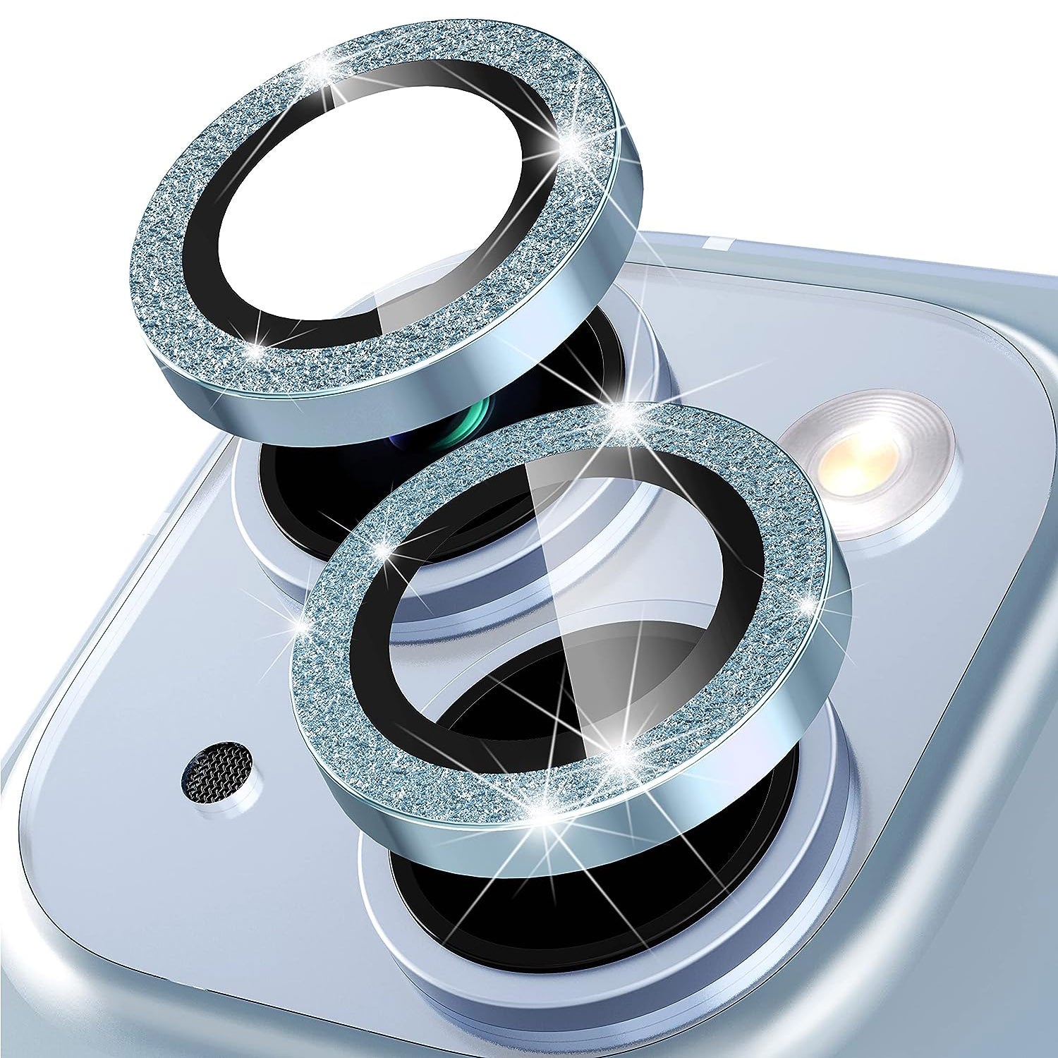 For iPhone 14 / 14 Plus 1 Set Glitter Camera Lens Film Metal Ring+Tempered Glass Phone Lens Protector