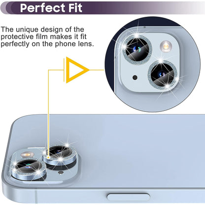 For iPhone 14 / 14 Plus 1 Set Glitter Camera Lens Film Metal Ring+Tempered Glass Phone Lens Protector