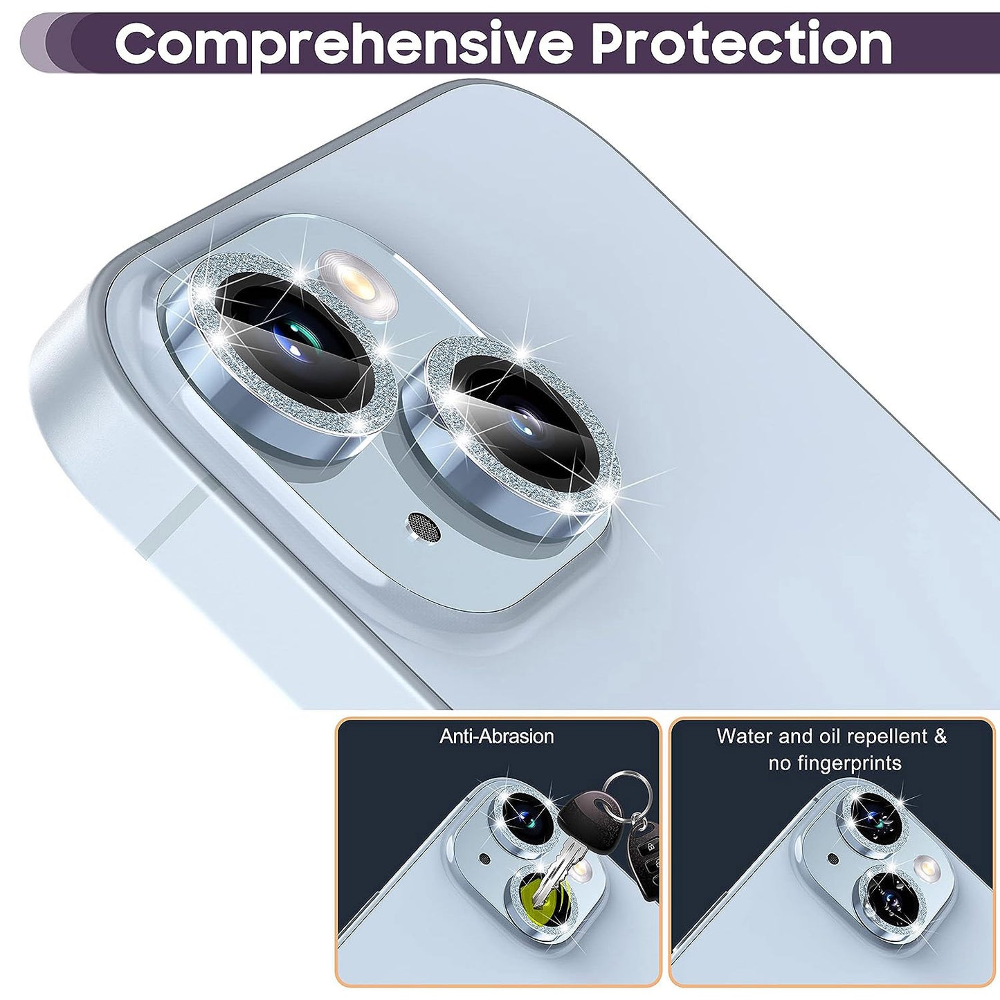 For iPhone 14 / 14 Plus 1 Set Glitter Camera Lens Film Metal Ring+Tempered Glass Phone Lens Protector