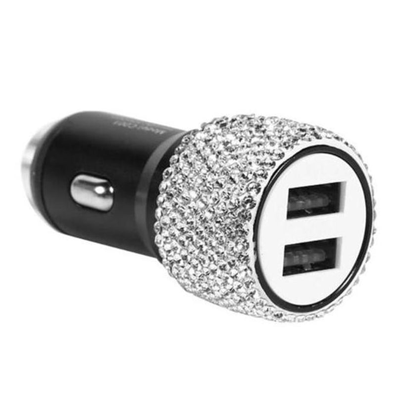 Rhinestone Decor Dual USB Car Charger Phone Fast Charging Power Adapter with Safety Hammer Function