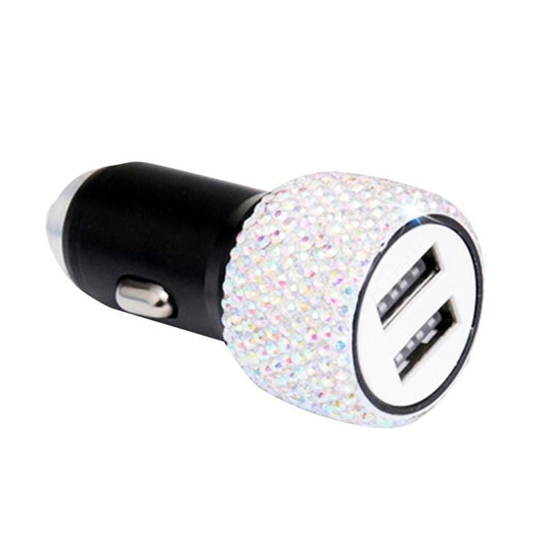 Rhinestone Decor Dual USB Car Charger Phone Fast Charging Power Adapter with Safety Hammer Function