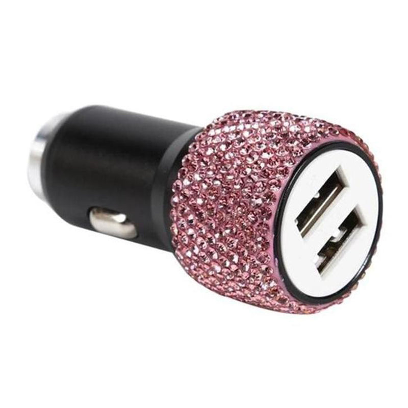 Rhinestone Decor Dual USB Car Charger Phone Fast Charging Power Adapter with Safety Hammer Function