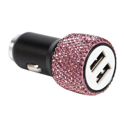 Rhinestone Decor Dual USB Car Charger Phone Fast Charging Power Adapter with Safety Hammer Function