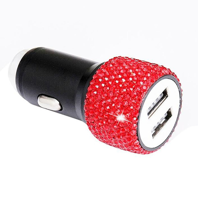 Rhinestone Decor Dual USB Car Charger Phone Fast Charging Power Adapter with Safety Hammer Function