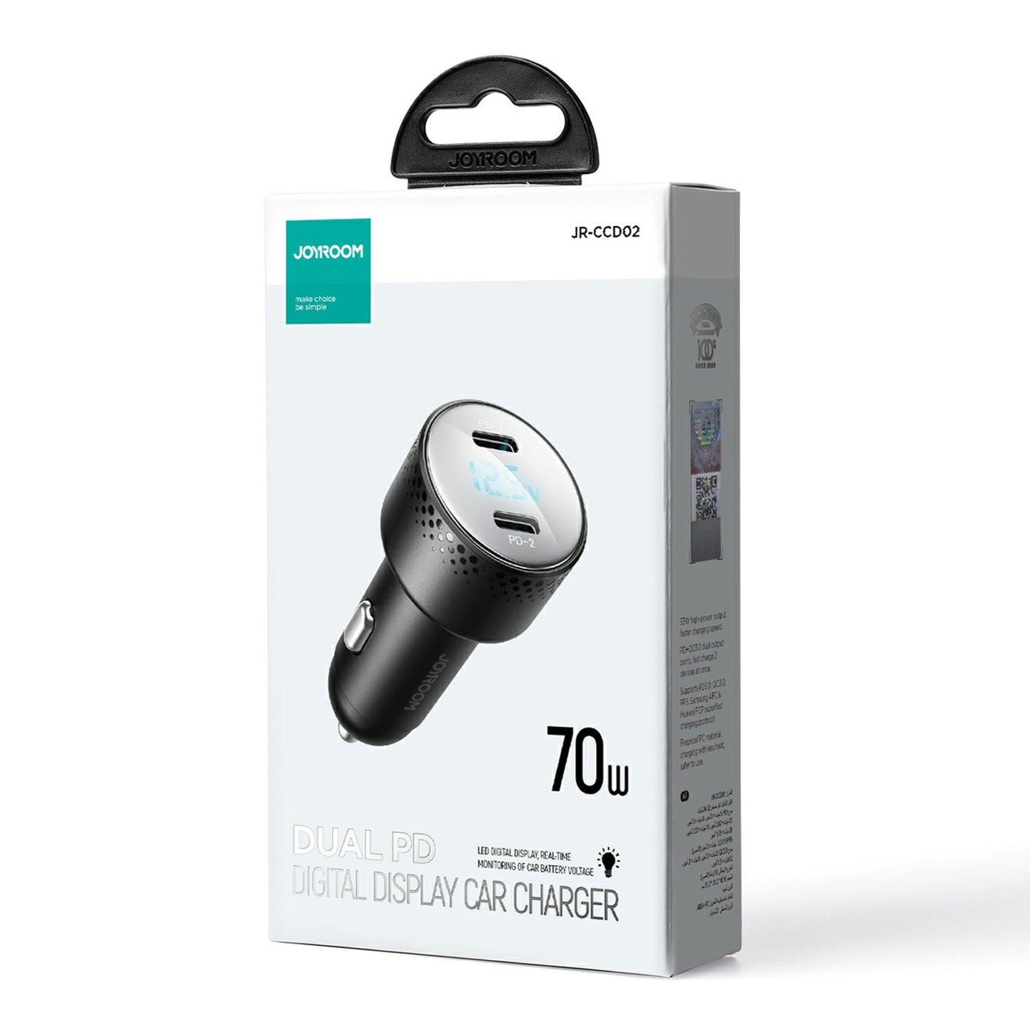 JOYROOM CCD02 70W Dual Type-C PD Fast Charging Power Adapter PC Digital Display Car Charger