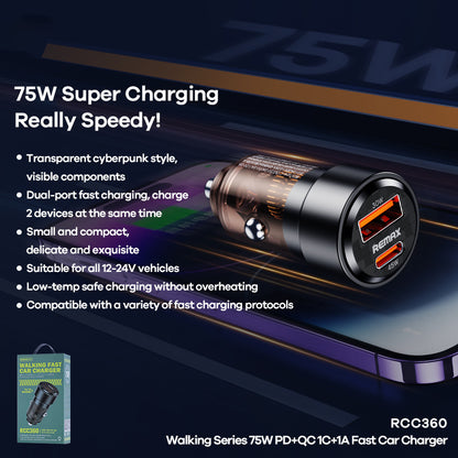REMAX RCC360 Walking Series 75W PD+QC USB-A + Type-C Dual Port Transparent Car Charger