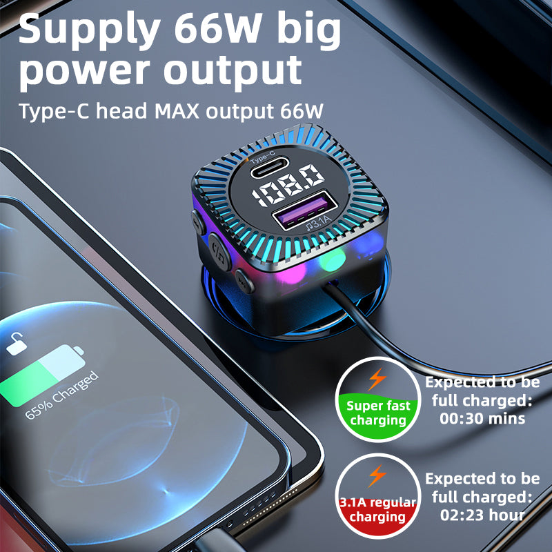 CS5 Super Fast Car Charger Bluetooth 5.3 MP3 Player, FM Transmitter Car Charger with 3-in-1 Charging Cable