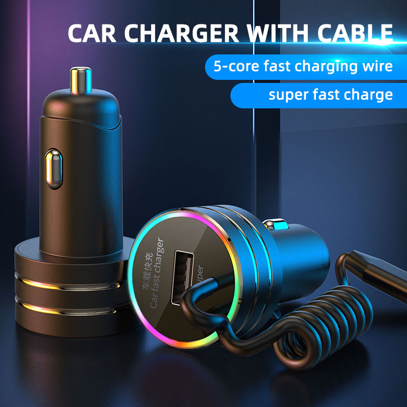 K13 USB Car Charger QC3.0 Fast Charging Adapter with Type-C Spring Cable for 12-24V Vehicles