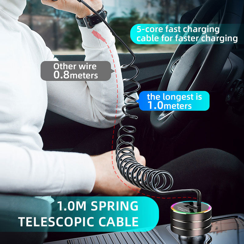 K13 USB Car Charger QC3.0 Fast Charging Adapter with Type-C Spring Cable for 12-24V Vehicles