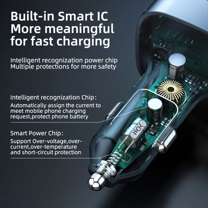 K12 Phone Fast Charging Adapter 2 USB + 1 Type-C PD Car Charger with Type-C / 8-Pin Charging Cable