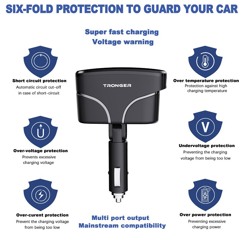 TR-35 PD Fast Charging Car Charger Type-C + Dual USB QC 3.0 Charger with Dual Cigarette Lighter Sockets