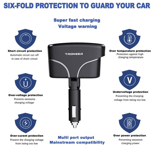 TR-35 PD Fast Charging Car Charger Type-C + Dual USB QC 3.0 Charger with Dual Cigarette Lighter Sockets