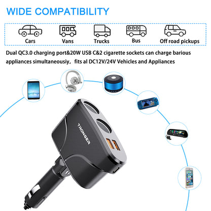 TR-35 PD Fast Charging Car Charger Type-C + Dual USB QC 3.0 Charger with Dual Cigarette Lighter Sockets