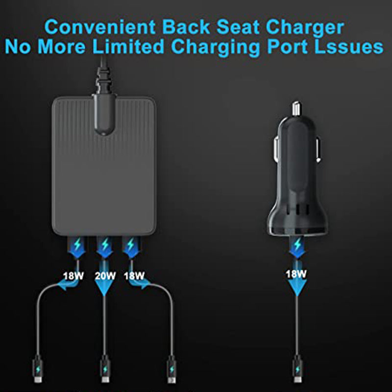 TR-43 PD 18W Fast Charging Car Charger 3 USB + Type-C 2m Extention Charger Adapter for Back Seat