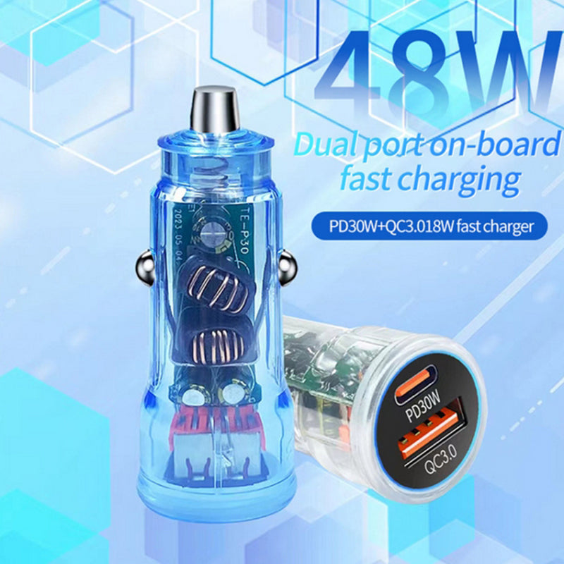 P35 Clear Design 48W Car Charger for Cell Phone, Tablet, Camera, Type-C PD 30W + USB QC 3.0 18W Fast Charging Charger Station