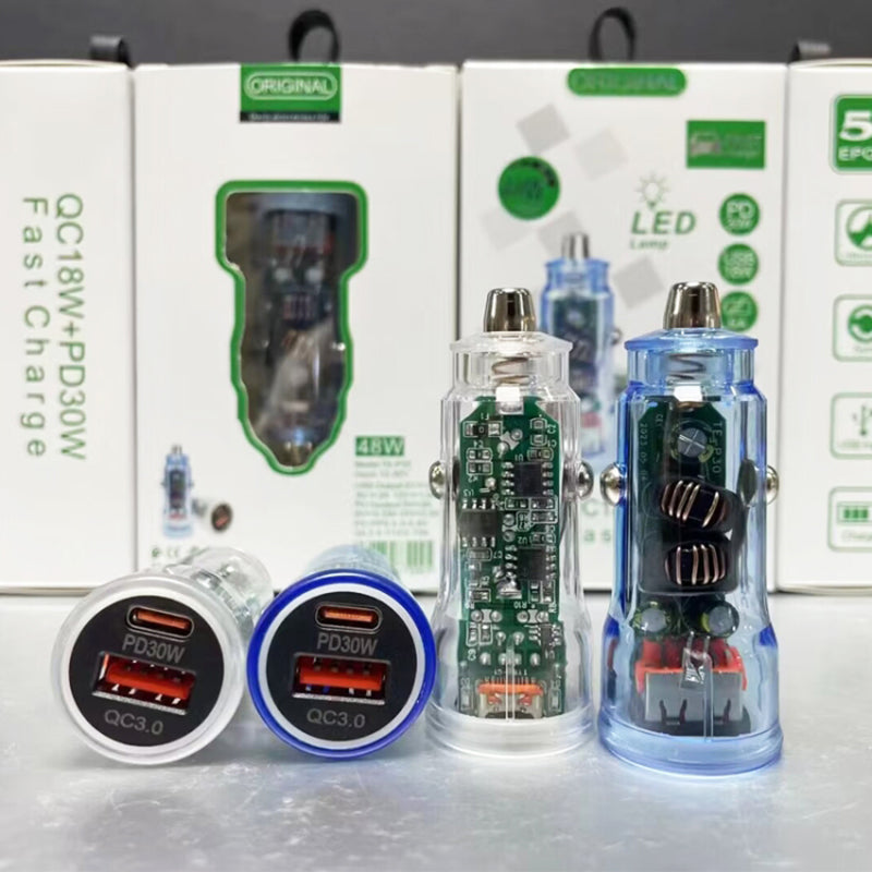 P35 Clear Design 48W Car Charger for Cell Phone, Tablet, Camera, Type-C PD 30W + USB QC 3.0 18W Fast Charging Charger Station