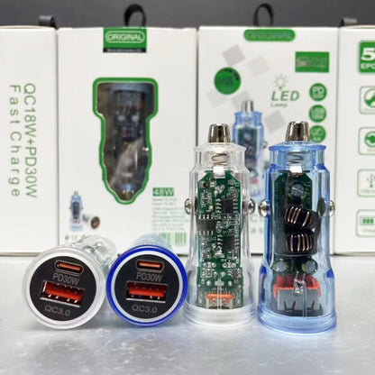 P35 Clear Design 48W Car Charger for Cell Phone, Tablet, Camera, Type-C PD 30W + USB QC 3.0 18W Fast Charging Charger Station