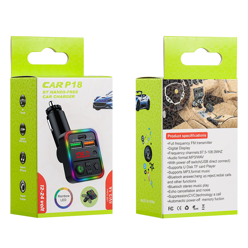 P18 Cigarette Lighter Bluetooth Car MP3 Music Player Hands-Free Calling Car Audio Device with 2USB, Type-C Port